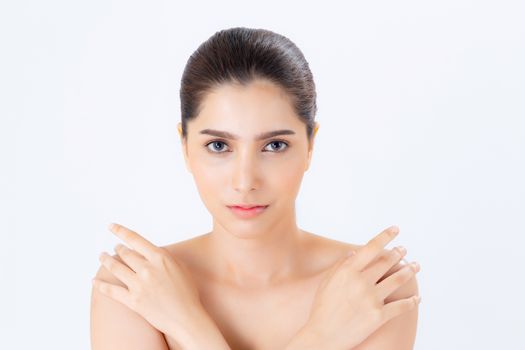 Portrait of beautiful brunette woman makeup of cosmetic, girl hand touch shoulder and smile attractive, face of beauty perfect with wellness isolated on white background with skin healthcare concept.