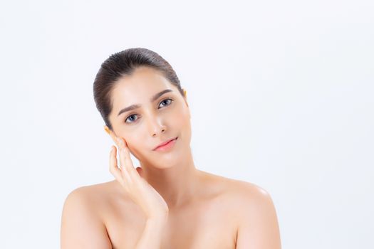Portrait of beautiful brunette woman makeup of cosmetic, girl hand touch cheek and smile attractive, face of beauty perfect with wellness isolated on white background with skin healthcare concept.