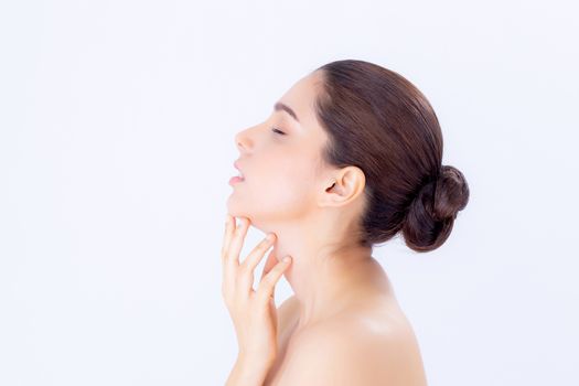 Portrait of beautiful asian brunette woman makeup of cosmetic, girl hand touch chin and smile attractive, face of beauty perfect with wellness isolated on white background with skin healthcare concept.