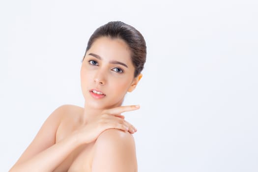 Portrait of beautiful asian woman makeup of cosmetic, girl touch  shoulder and smile attractive, face of beauty perfect with wellness isolated on white background with skin healthcare concept.