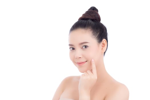 Portrait of beautiful woman makeup of cosmetic, girl hand touch cheek and smile attractive, face of beauty perfect with wellness isolated on white background with skin healthcare concept.
