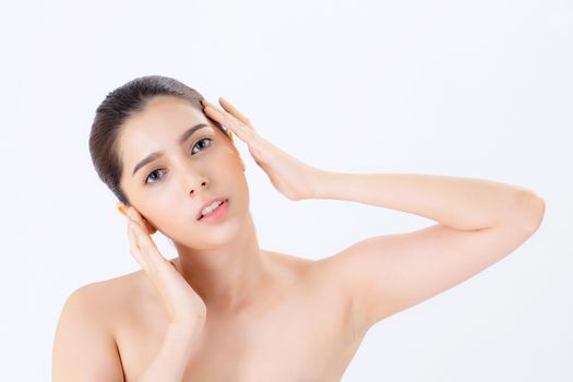 Portrait of beautiful brunette woman makeup of cosmetic, girl hand touch cheek and smile attractive, face of beauty perfect with wellness isolated on white background with skin healthcare concept.