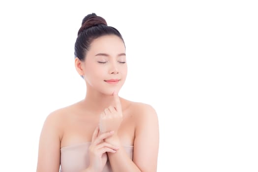 Portrait of beautiful woman makeup of cosmetic, girl hand touch mouth and smile attractive, face of beauty perfect with wellness isolated on white background with skin healthcare concept.