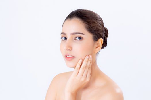 Portrait of beautiful brunette woman makeup of cosmetic, girl hand touch cheek and smile attractive, face of beauty perfect with wellness isolated on white background with skin healthcare concept.
