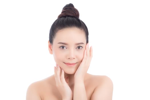 Portrait of beautiful woman makeup of cosmetic, girl hand touch cheek and smile attractive, face of beauty perfect with wellness isolated on white background with skin healthcare concept.