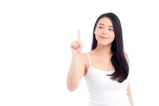 Portrait of beautiful asian woman makeup of cosmetic, beauty of girl with face smile and finger point something attractive isolated on white background, perfect with wellness and healthcare concept.