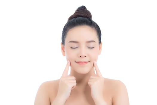 Portrait of beautiful woman makeup of cosmetic, girl hand touch cheek and smile attractive, face of beauty perfect with wellness isolated on white background with skin healthcare concept.