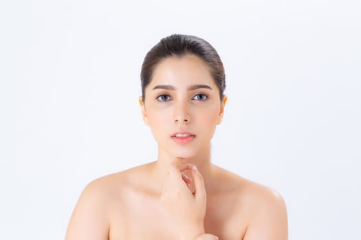 Portrait of beautiful woman makeup of cosmetic, girl hand touch chin and smile attractive, face of beauty perfect with wellness isolated on white background with skin healthcare concept.