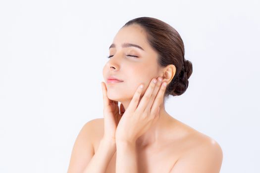Portrait of beautiful brunette woman makeup of cosmetic, girl hand touch cheek and smile attractive, face of beauty perfect with wellness isolated on white background with skin healthcare concept.
