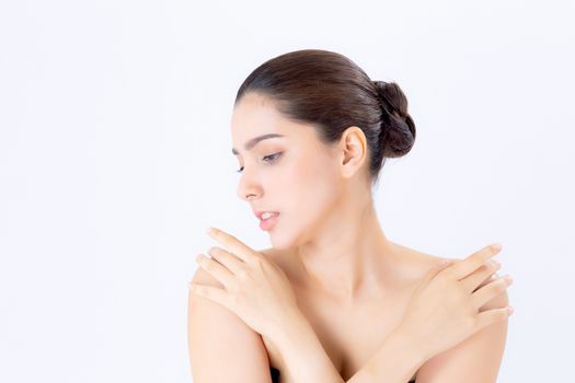Portrait of beautiful brunette woman makeup of cosmetic, girl hand touch shoulder and smile attractive, face of beauty perfect with wellness isolated on white background with skin healthcare concept.