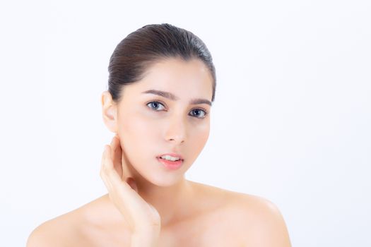 Portrait of beautiful brunette woman makeup of cosmetic, girl hand touch cheek and smile attractive, face of beauty perfect with wellness isolated on white background with skin healthcare concept.