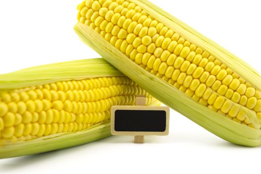 Fresh sweetcorn cobs and small signboard isolated on white background