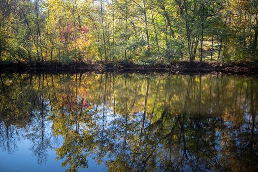 Autumn colors blaze on across the lake, gorgeous meditative image with copy space.