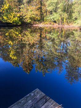 Beautiful relaxing image of blue sky and trees reflected in a calm lake with a wooden dock in the foreground.