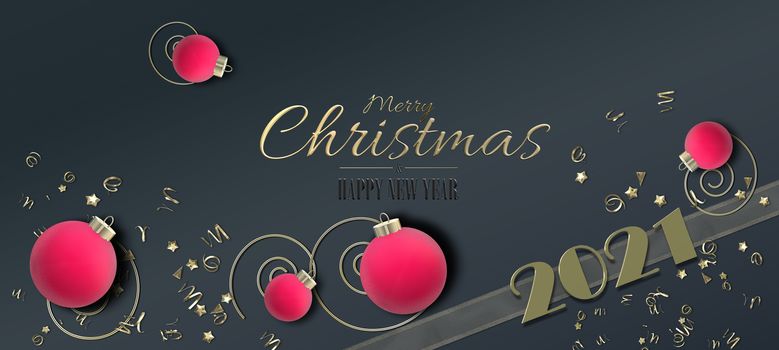 Christmas Holiday 2021 background. Xmas pink red realistic balls baubles, golden confetti, gold digit 2021, text Merry Christmas Happy New Year on black background. 3D illustration. Flat lay 3D design