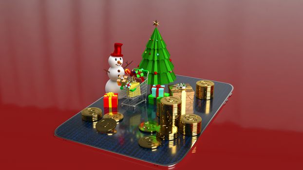 snowman and shopping cart on tablet for marketing online in  Christmas and new year  holiday content 3d rendering