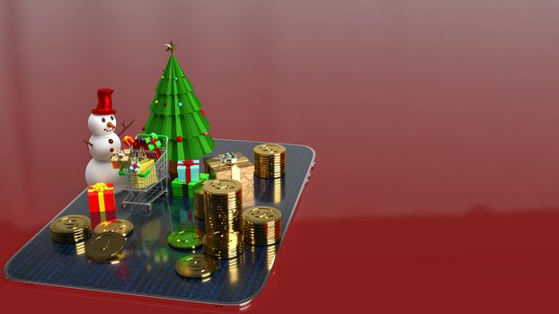 snowman and shopping cart on tablet for marketing online in  Christmas and new year  holiday content 3d rendering