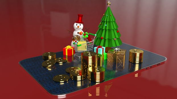 snowman and shopping cart on tablet for marketing online in  Christmas and new year  holiday content 3d rendering