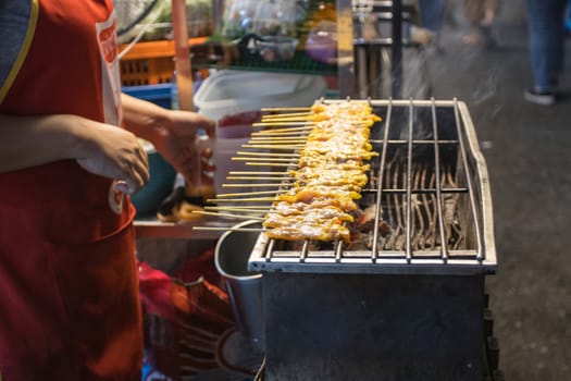 Pork Satay roast on the stove heat thai street food Bangkok Thailand
