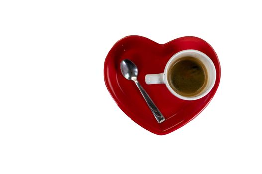 composition of cups with coffee and red saucer on a white background