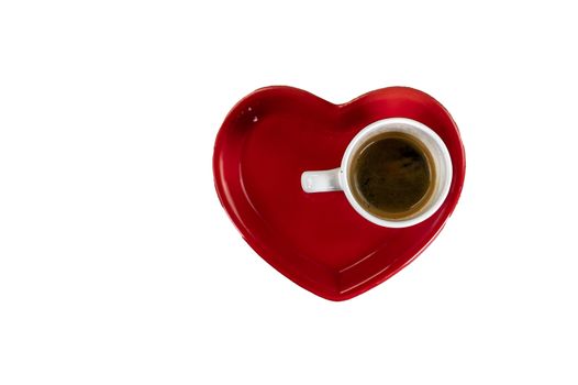 composition of cups with coffee and red saucer on a white background
