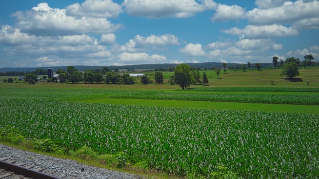 Steam Passenger Train Traveling Thru Countryside from Train Passenger View