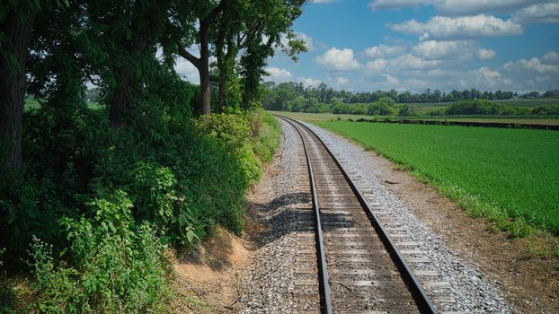 Old Rail Road Track going Thru Woods and a Curve on a Sunny Day