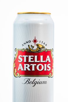 Great Belgium beer - Stella Artois. Belgium Premium Lager beer can. Studio photo shoot in Bucharest, Romania, 2020