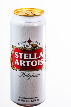 Great Belgium beer - Stella Artois. Belgium Premium Lager beer can. Studio photo shoot in Bucharest, Romania, 2020