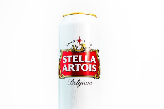 Great Belgium beer - Stella Artois. Belgium Premium Lager beer can. Studio photo shoot in Bucharest, Romania, 2020