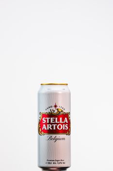 Great Belgium beer - Stella Artois. Belgium Premium Lager beer can. Studio photo shoot in Bucharest, Romania, 2020