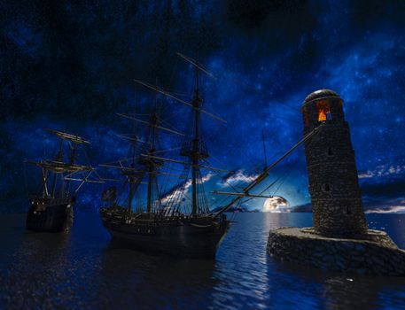 Pirate sailship near the old lighthouse with fire at moonlight - 3d rendering