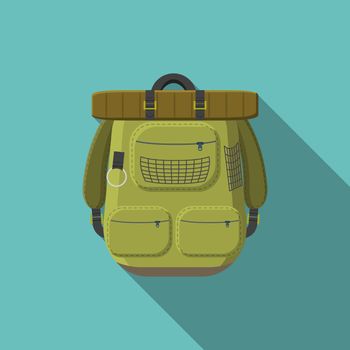 Flat design modern vector illustration of tourist backpack icon, camping and hiking equipment with long shadow.