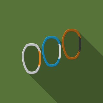 Flat design modern vector illustration of carabiner icon, camping, hiking and mountaineering equipment with long shadow.
