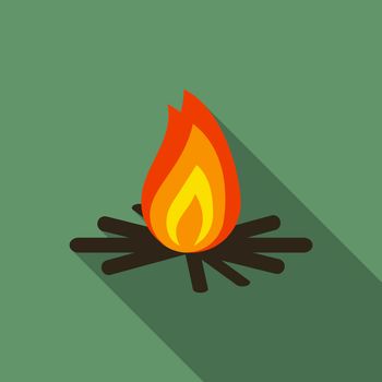 Flat design modern vector illustration of bonfire icon, camping and hiking symbol with long shadow.