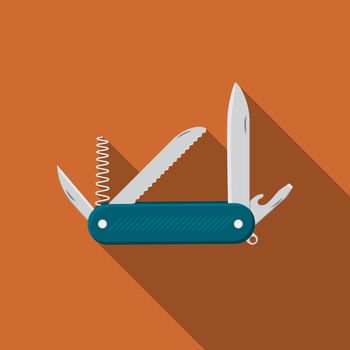 Flat design modern vector illustration of multifunctional pocket knife icon, camping and hiking equipment with long shadow.