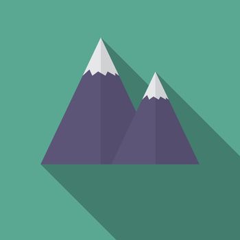 Flat design modern vector illustration of snow caped mountain icon, with long shadow.