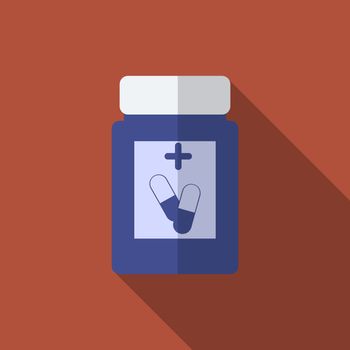 Flat design modern vector illustration of medical pills icon with long shadow.