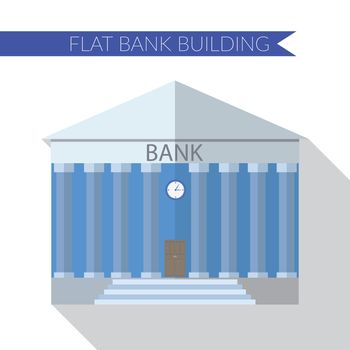 Flat design modern vector illustration of bank building icon, with long shadow.