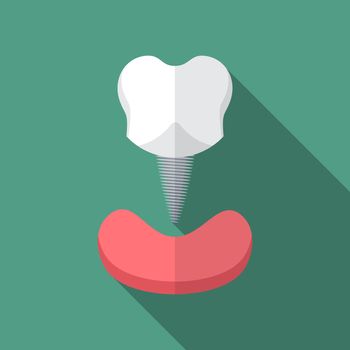 Flat design modern vector illustration of tooth implant icon with long shadow.