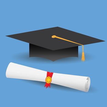 Flat design modern vector illustration of graduation cap and diploma.