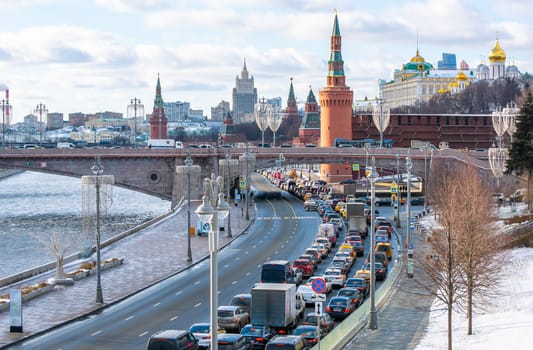 February 5, 2020 Moscow, Russia, Traffic jam on the Kremlin embankment in Moscow.