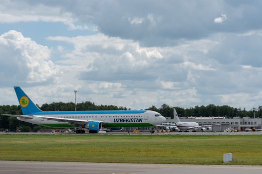 July 2, 2019, Moscow, Russia. Airplane Boeing 767-300 Uzbekistan Airways at Vnukovo airport in Moscow.