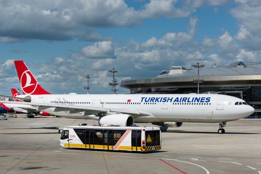 July 2, 2019, Moscow, Russia. Airplane Airbus A330-300 Turkish Airlines at Vnukovo airport in Moscow.