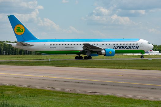 July 2, 2019, Moscow, Russia. Airplane Boeing 767-300 Uzbekistan Airways at Vnukovo airport in Moscow.