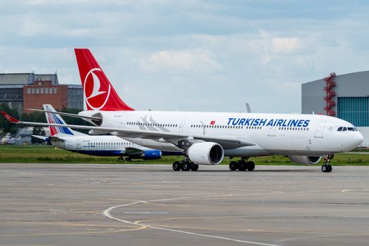 July 2, 2019, Moscow, Russia. Airplane Airbus A330-200 Turkish Airlines at Vnukovo airport in Moscow.