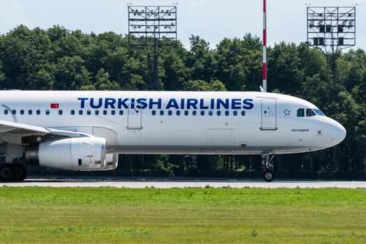 July 2, 2019, Moscow, Russia. Airplane Airbus A321-200 Turkish Airlines at Vnukovo airport in Moscow.