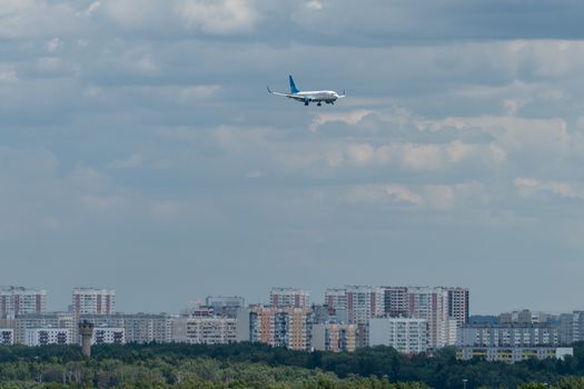 July 2, 2019, Moscow, Russia. Airplane Boeing Boeing 737-800 Pobeda airline at Vnukovo airport in Moscow.
