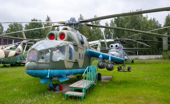 July 18, 2018, Moscow region, Russia. Transport and combat helicopter Mil Mi-24 at the Central Museum of the Russian Air Force in Monino.