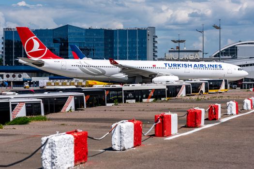 July 2, 2019, Moscow, Russia. Airplane Airbus A330-300 Turkish Airlines at Vnukovo airport in Moscow.